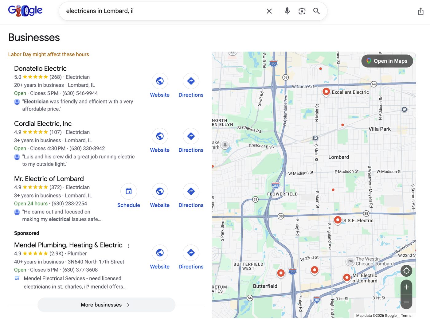 Google search results showing a short list of local businesses next to a map